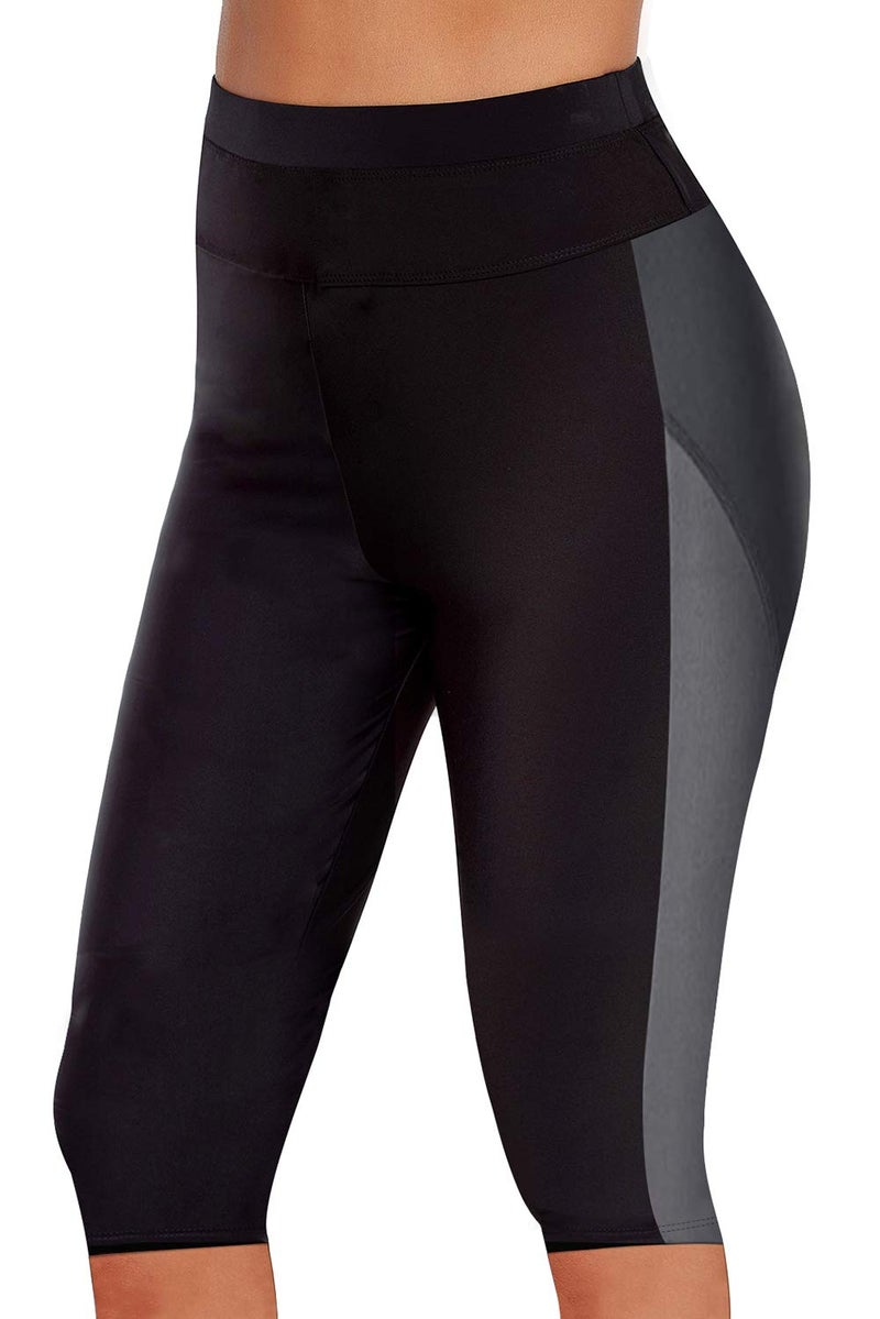 Urchics Womens Plus Size Rash Guard Capris Long Swim Shorts Tankini Bottom Sporty Black Gray 3X - Image 1